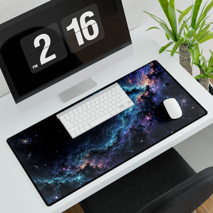 Nebula Drift Galaxy Desk Mat - Large angled computer and plant setup | BTendance
