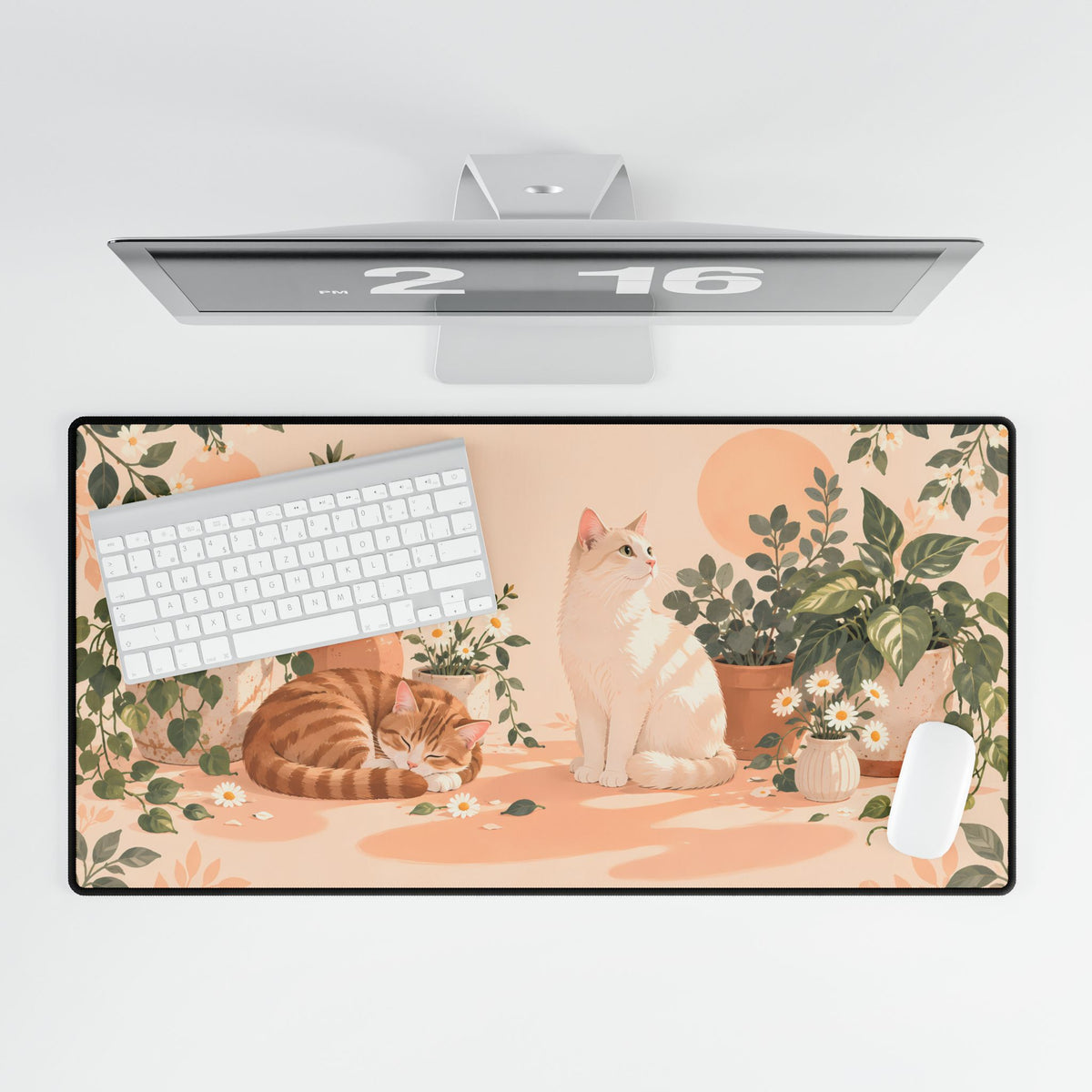 Apricot Catnap Desk Mat, 31.5 × 15.5 in, overhead computer desk mockup.