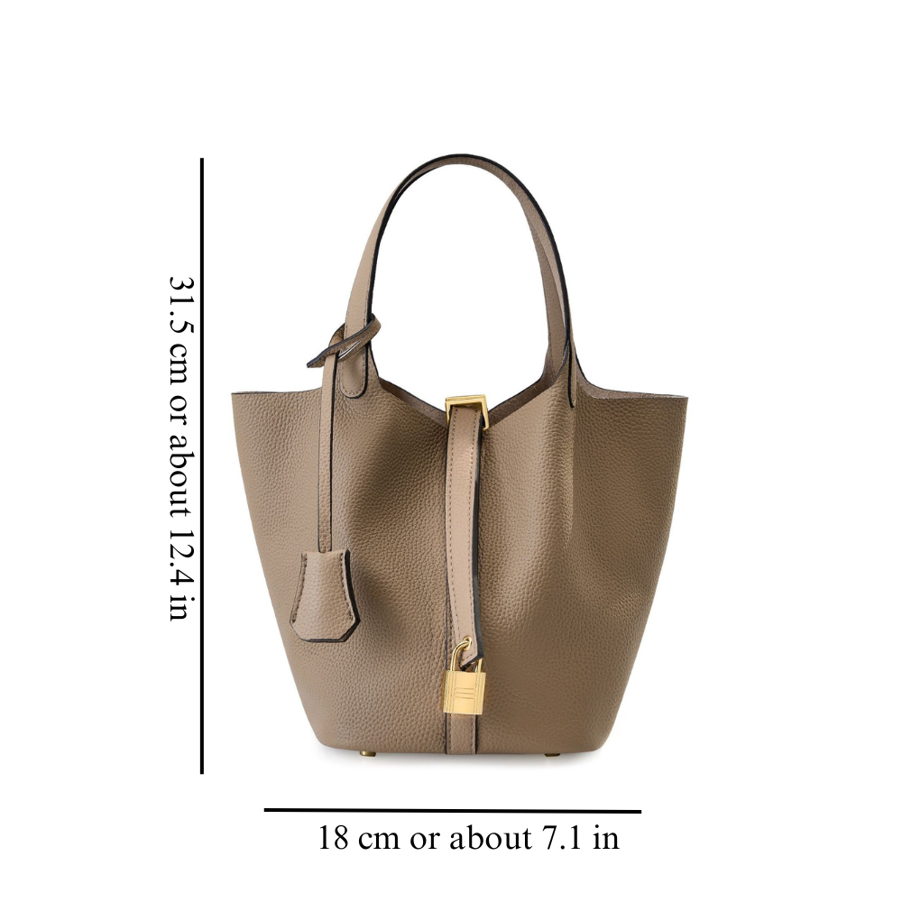 Soft Bucket Handbag – Twin Handles and Gold-Tone Detail — Brown, overall height and base width measurements | BTendance