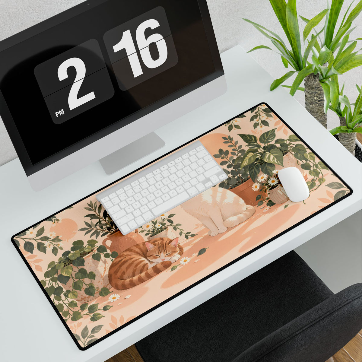 Apricot Catnap Desk Mat, 31.5 × 15.5 in, angled computer desk mockup with plant.