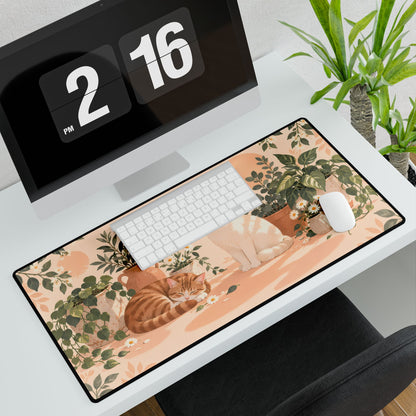 Apricot Catnap Desk Mat, 31.5 × 15.5 in, angled computer desk mockup with plant.