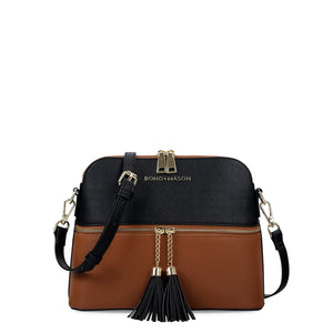 Two-Tone Vegan Leather Crossbody Bag – Alexandra Tassels — Black and Brown, front with strap | BTendance