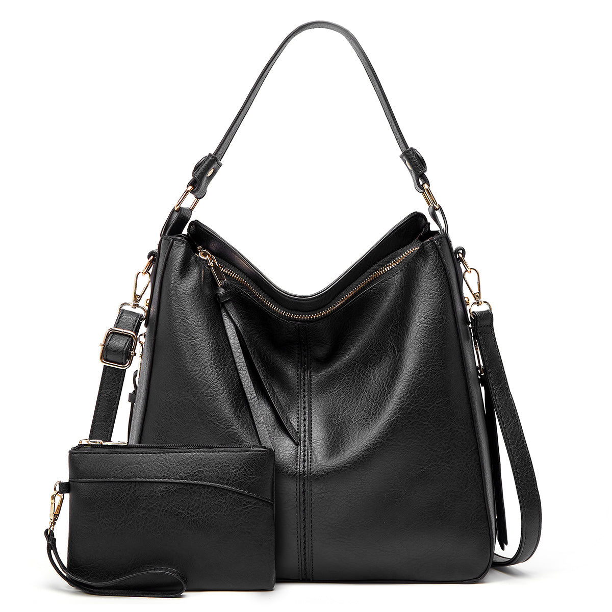 Hobo Shoulder Bag with Pouch – Adjustable Strap — Black, front view | BTendance