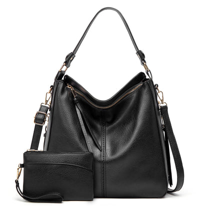 Hobo Shoulder Bag with Pouch – Adjustable Strap — Black, front view | BTendance