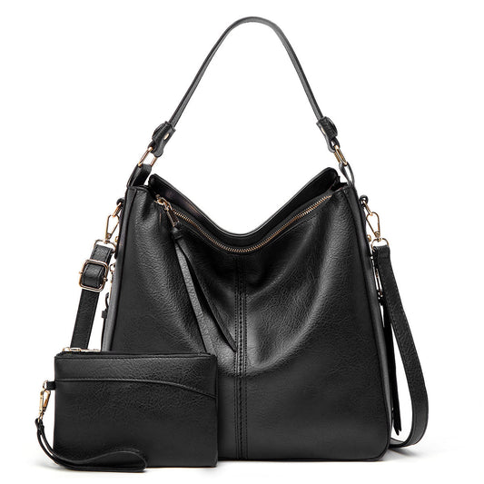 Hobo Shoulder Bag with Pouch – Adjustable Strap — Black, front view | BTendance