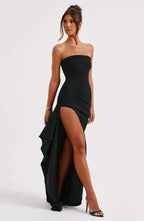 Women's Evening Gown Black Size M Polyester Strapless Thigh-High Slit-2