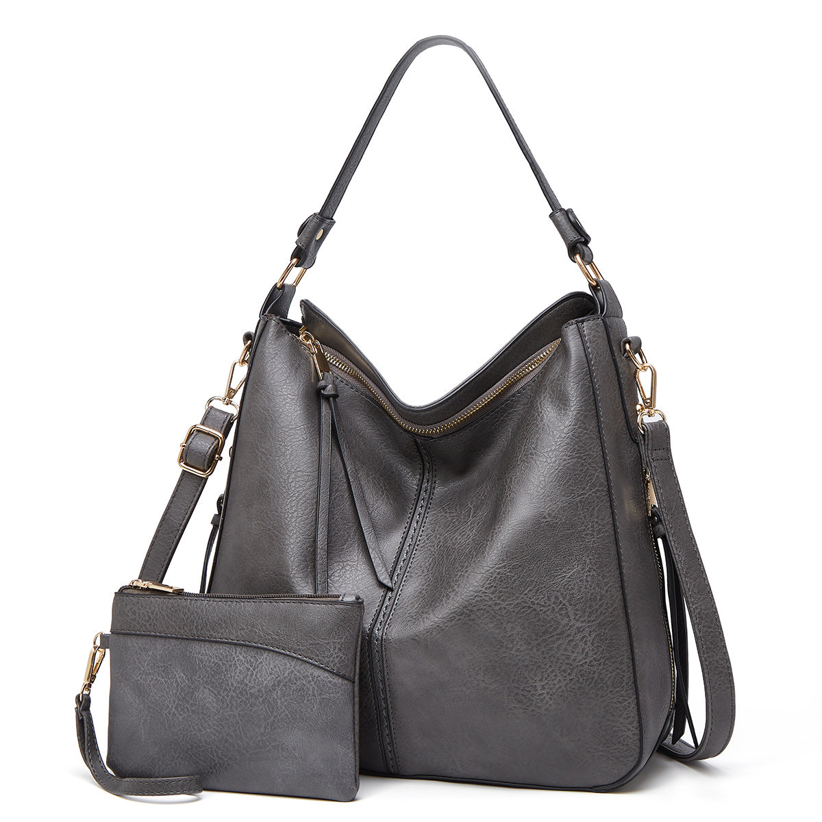 Hobo Shoulder Bag with Pouch – Adjustable Strap — Grey, front view | BTendance
