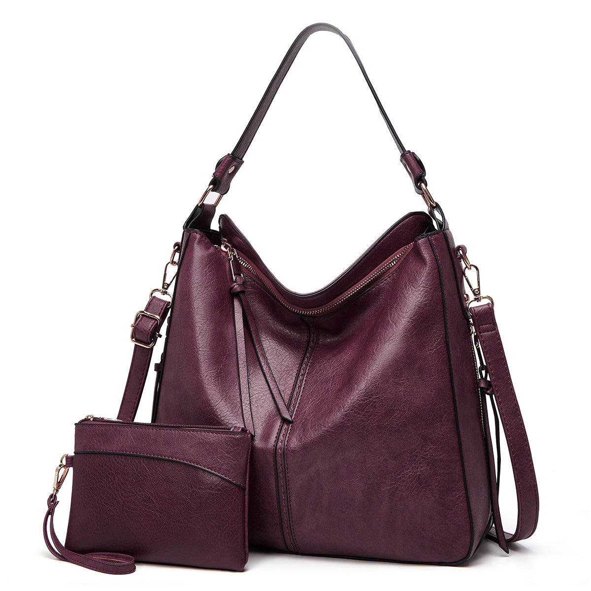 Hobo Shoulder Bag with Pouch – Adjustable Strap — Burgundy, front view | BTendance