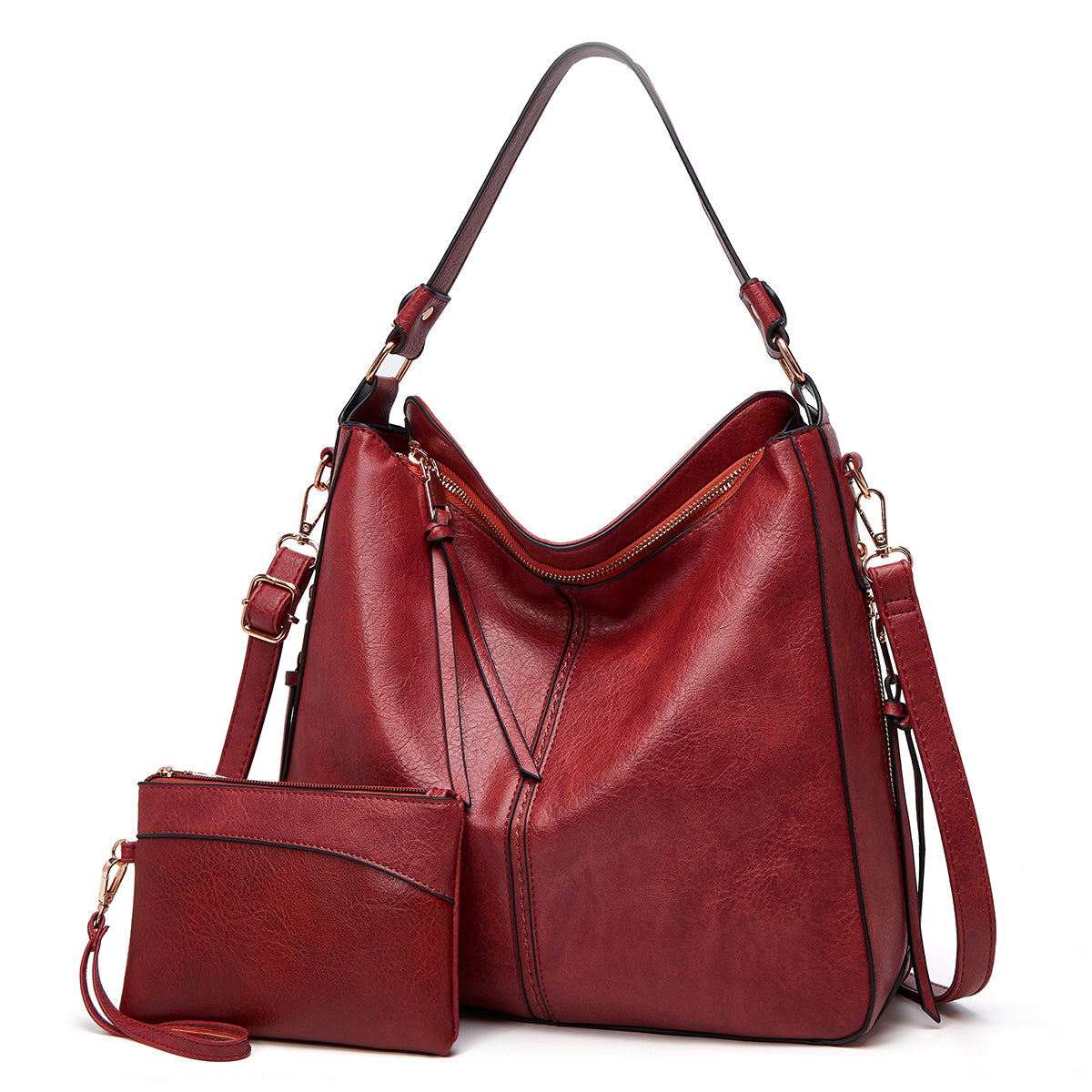 Hobo Shoulder Bag with Pouch – Adjustable Strap — Red, front view | BTendance