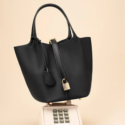 Soft Bucket Handbag – Twin Handles and Gold-Tone Detail — Black, front view | BTendance