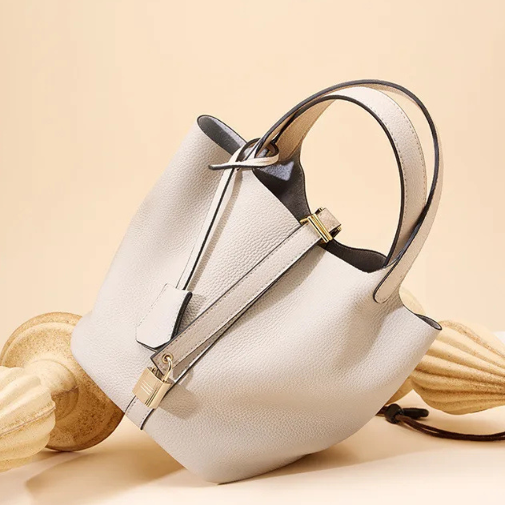Soft Bucket Handbag – Twin Handles and Gold-Tone Detail — White, front view | BTendance