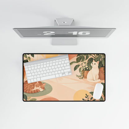 Peach Cat Garden Desk Mat, 23.6 × 13.8 in, overhead computer desk mockup.
