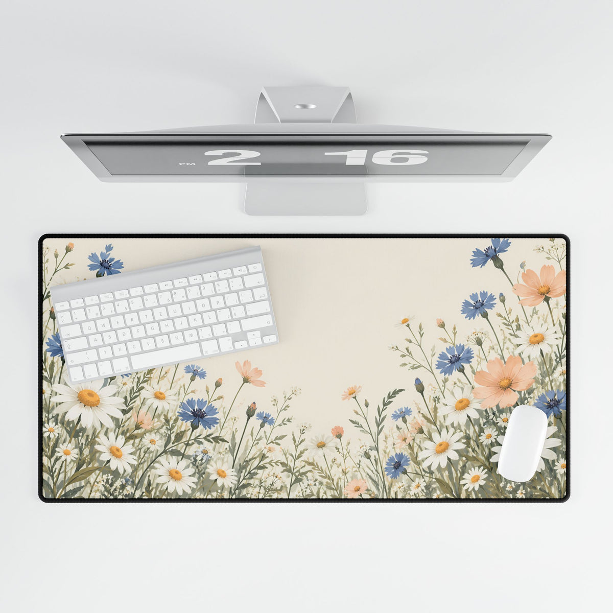 Floral Meadow Desk Mat, 31.5 × 15.5 in, overhead computer desk mockup.