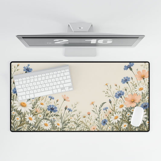 Floral Meadow Desk Mat, 31.5 × 15.5 in, overhead computer desk mockup.