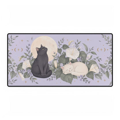 Moonflower Cats Desk Mat, 31.5 × 15.5 in, flat front view.