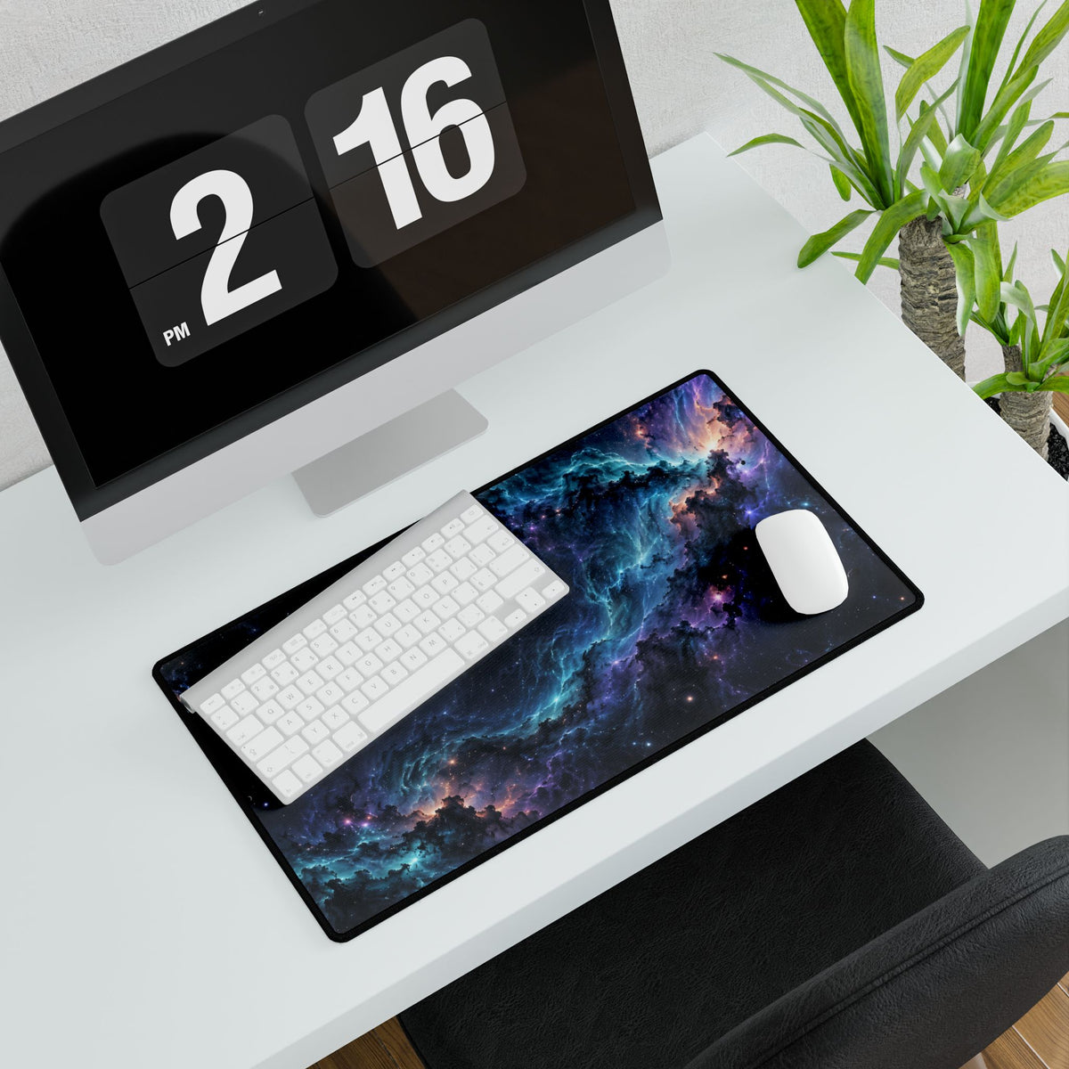 Nebula Drift Galaxy Desk Mat - Medium angled computer and plant setup | BTendance