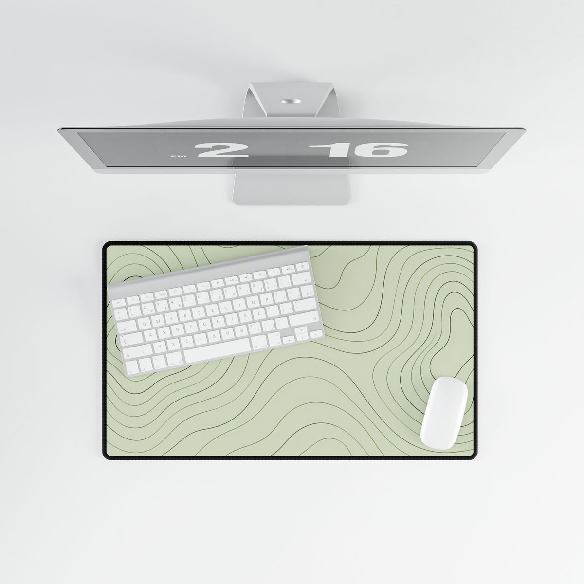 Sage Green Topographic Desk Mat, 23.6 × 13.8 in, overhead computer desk mockup.