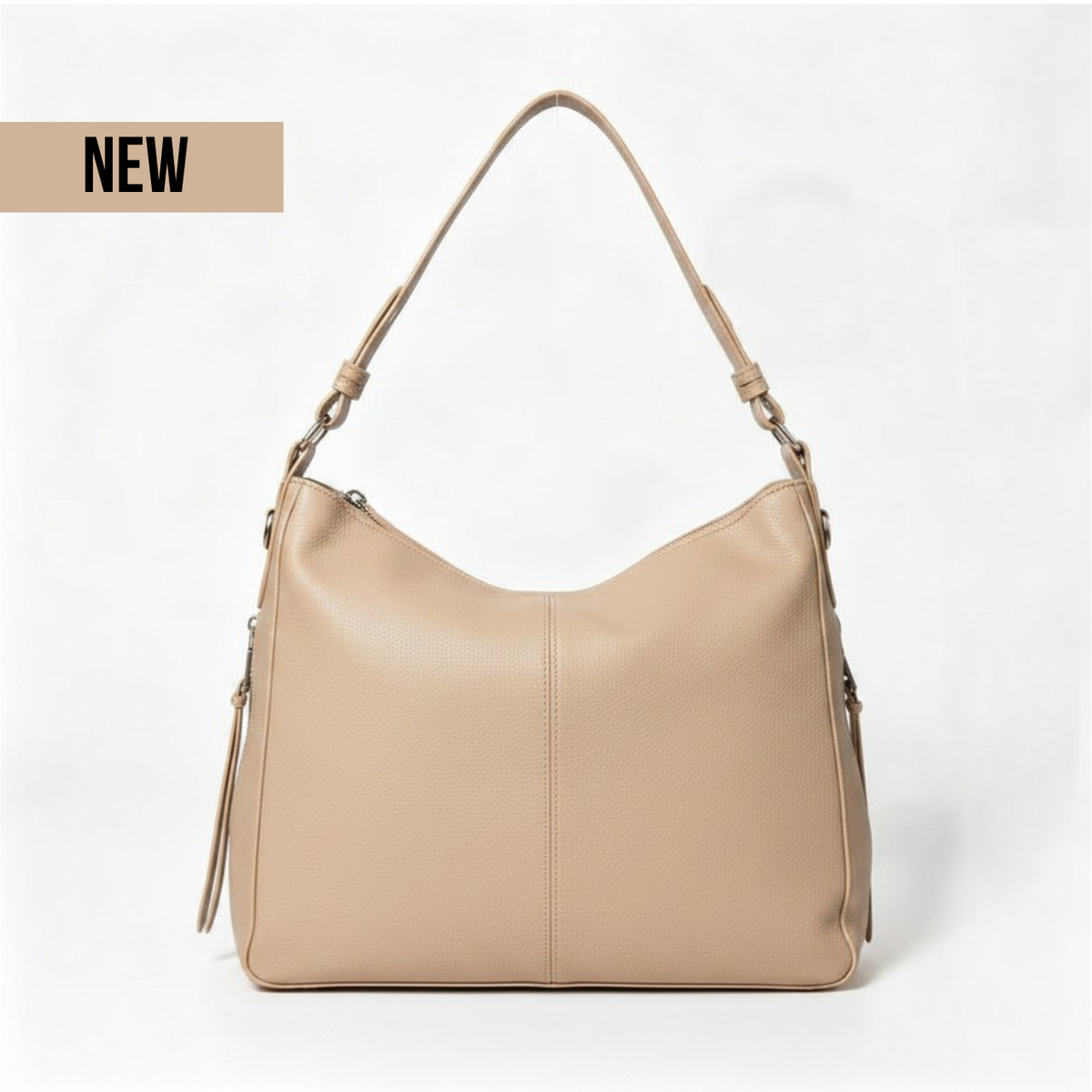 Hobo Shoulder Bag – Curved Shape and Adjustable Strap — Beige, front view | BTendance