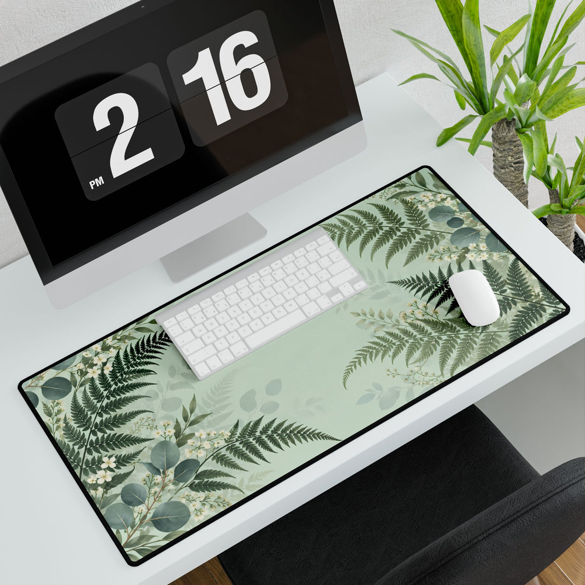Fern & Eucalyptus Desk Mat, 31.5 × 15.5 in, angled computer desk mockup with plant.