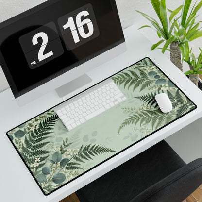 Fern & Eucalyptus Desk Mat, 31.5 × 15.5 in, angled computer desk mockup with plant.