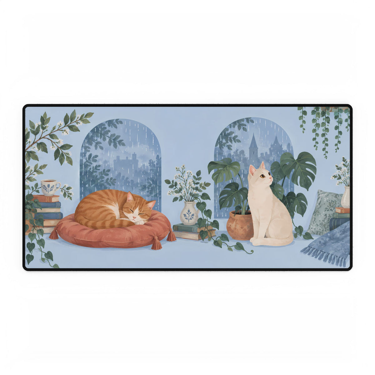 Rainy Window Cats Desk Mat, 31.5 × 15.5 in, flat front view.