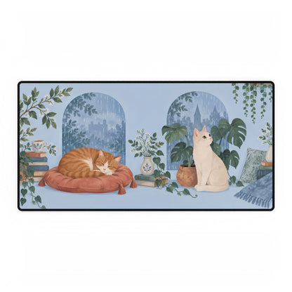 Rainy Window Cats Desk Mat, 31.5 × 15.5 in, flat front view.