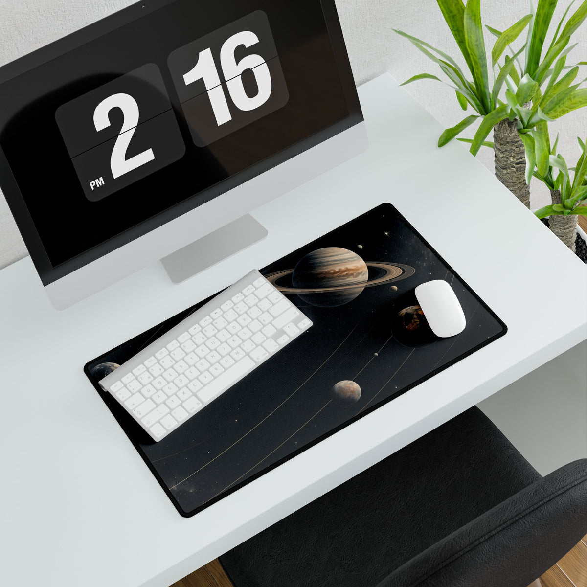 Midnight Orbit Planet Desk Mat - Medium angled computer and plant setup | BTendance