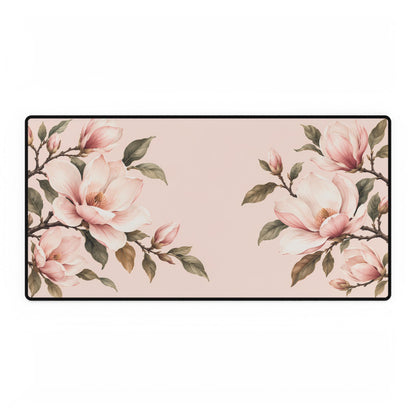 Blush Pink Magnolia Desk Mat, 31.5 × 15.5 in, flat front view.