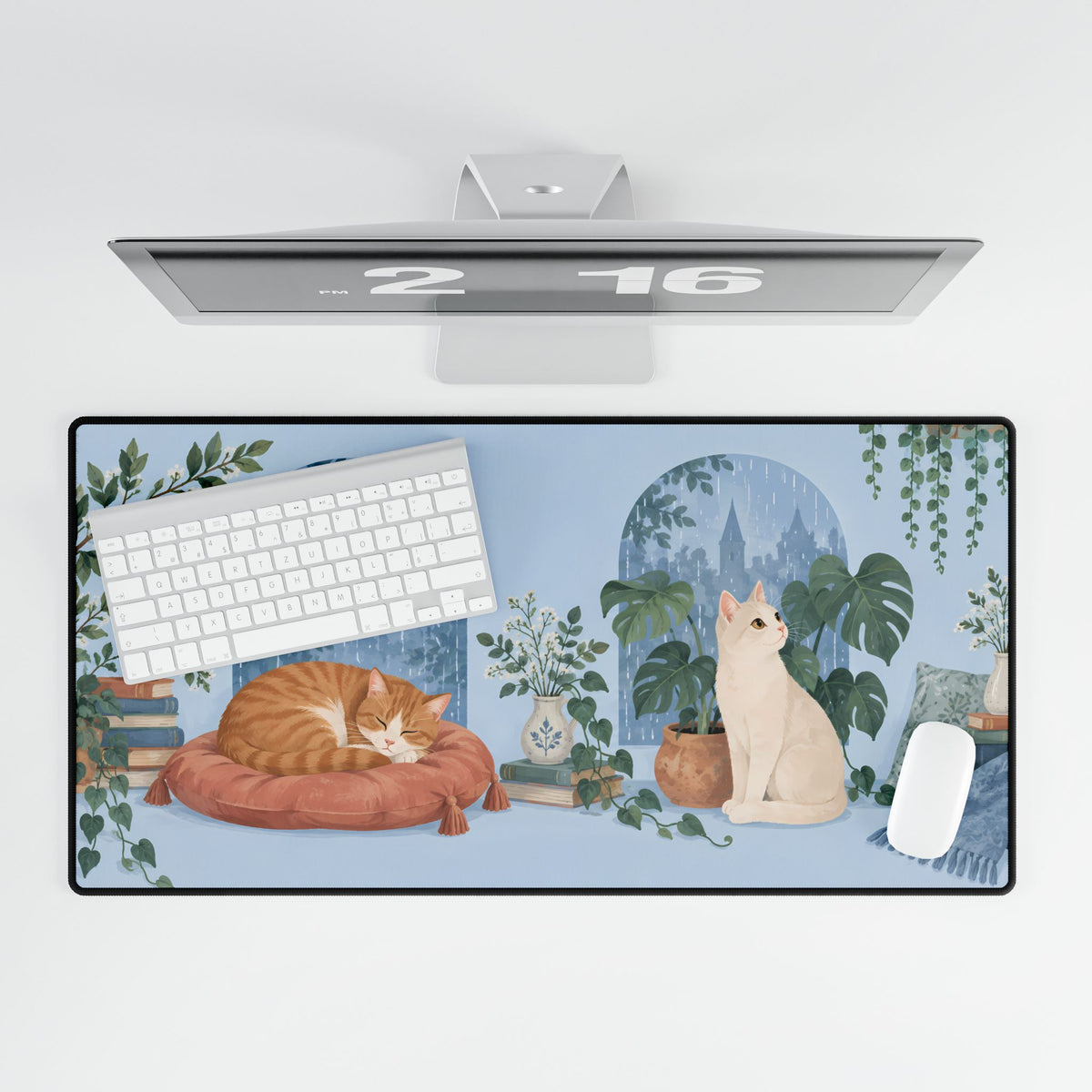 Rainy Window Cats Desk Mat, 31.5 × 15.5 in, overhead computer desk mockup.
