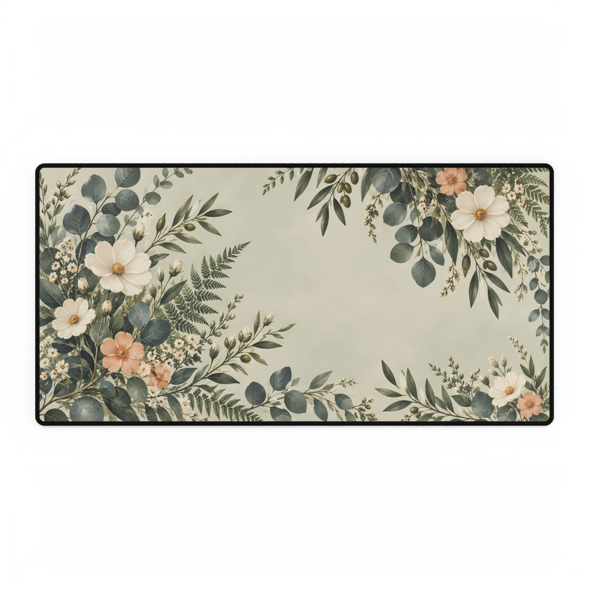 Sage Floral Desk Mat, 31.5 × 15.5 in, flat front view.