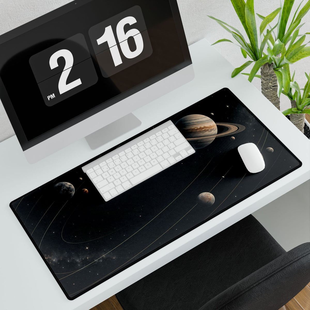 Midnight Orbit Planet Desk Mat - Large angled computer and plant setup | BTendance
