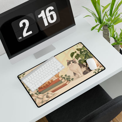 Reading Nook Cats Desk Mat, 23.6 × 13.8 in, angled computer desk mockup with plant.