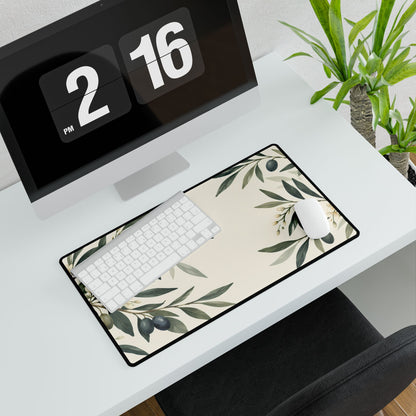 Olive Branch Desk Mat, 23.6 × 13.8 in, angled computer desk mockup with plant.