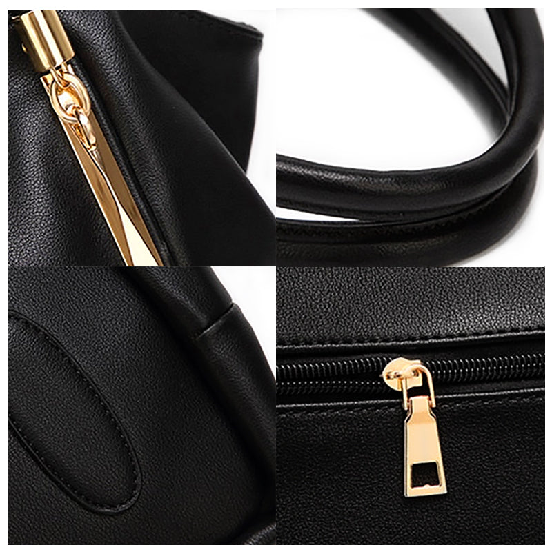 Vegan Leather Shoulder Handbag – Alicia Twin Handles — Black, zip, handle and material details | BTendance