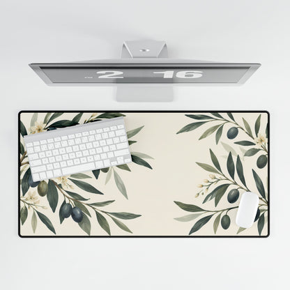 Olive Branch Desk Mat, 31.5 × 15.5 in, overhead computer desk mockup.