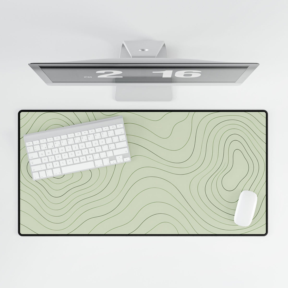 Sage Green Topographic Desk Mat, 31.5 × 15.5 in, overhead computer desk mockup.