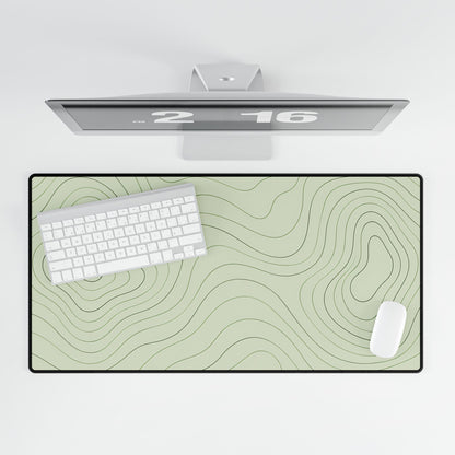 Sage Green Topographic Desk Mat, 31.5 × 15.5 in, overhead computer desk mockup.