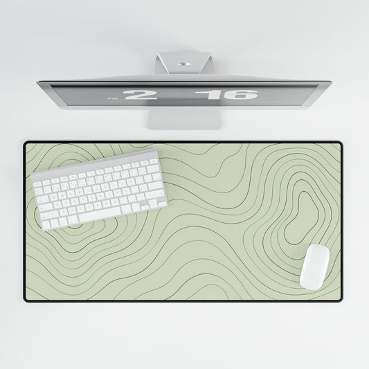 Sage Green Topographic Desk Mat, 31.5 × 15.5 in, overhead computer desk mockup.