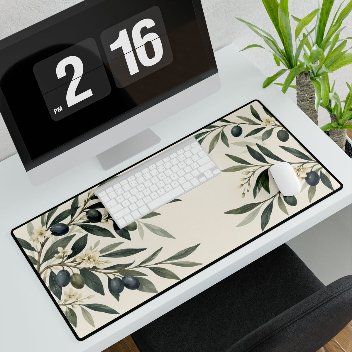 Olive Branch Desk Mat, 31.5 × 15.5 in, angled computer desk mockup with plant.