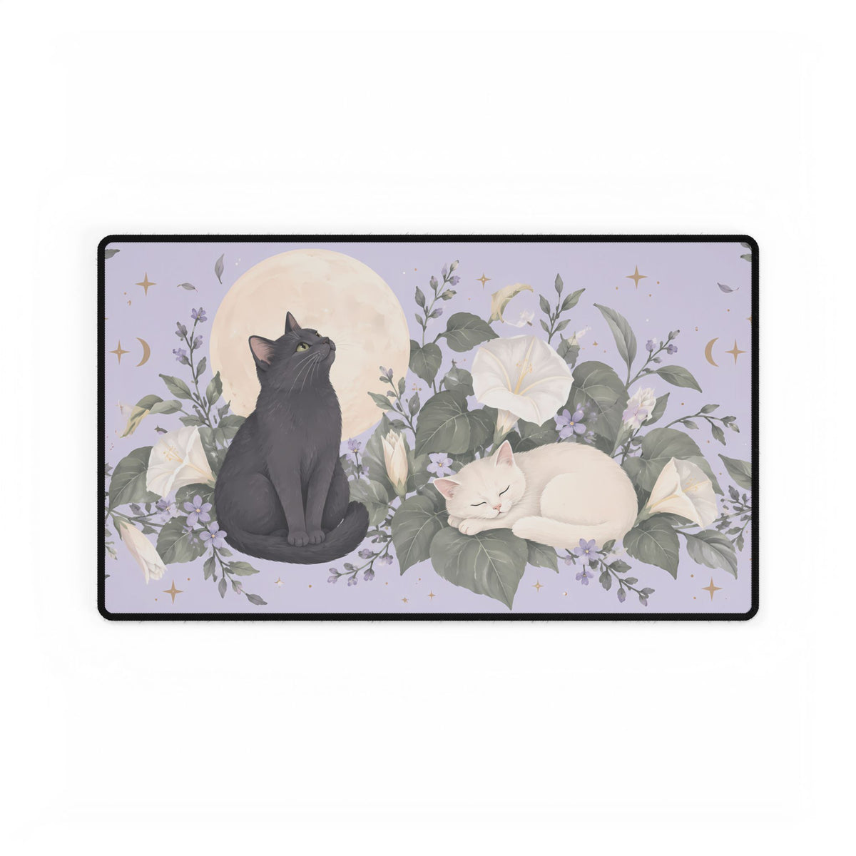 Moonflower Cats Desk Mat, 23.6 × 13.8 in, flat front view.