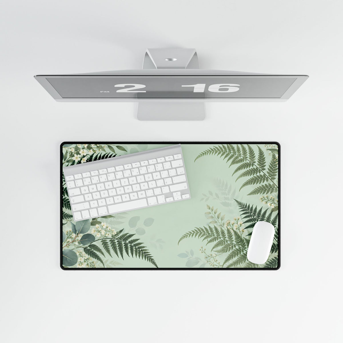 Fern & Eucalyptus Desk Mat, 23.6 × 13.8 in, overhead computer desk mockup.