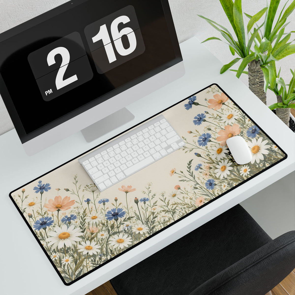 Floral Meadow Desk Mat, 31.5 × 15.5 in, angled computer desk mockup with plant.