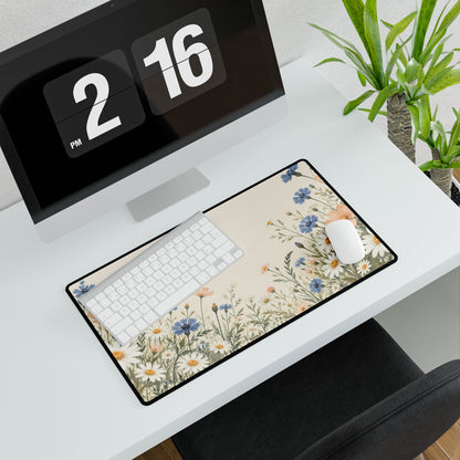 Floral Meadow Desk Mat, 23.6 × 13.8 in, angled computer desk mockup with plant.