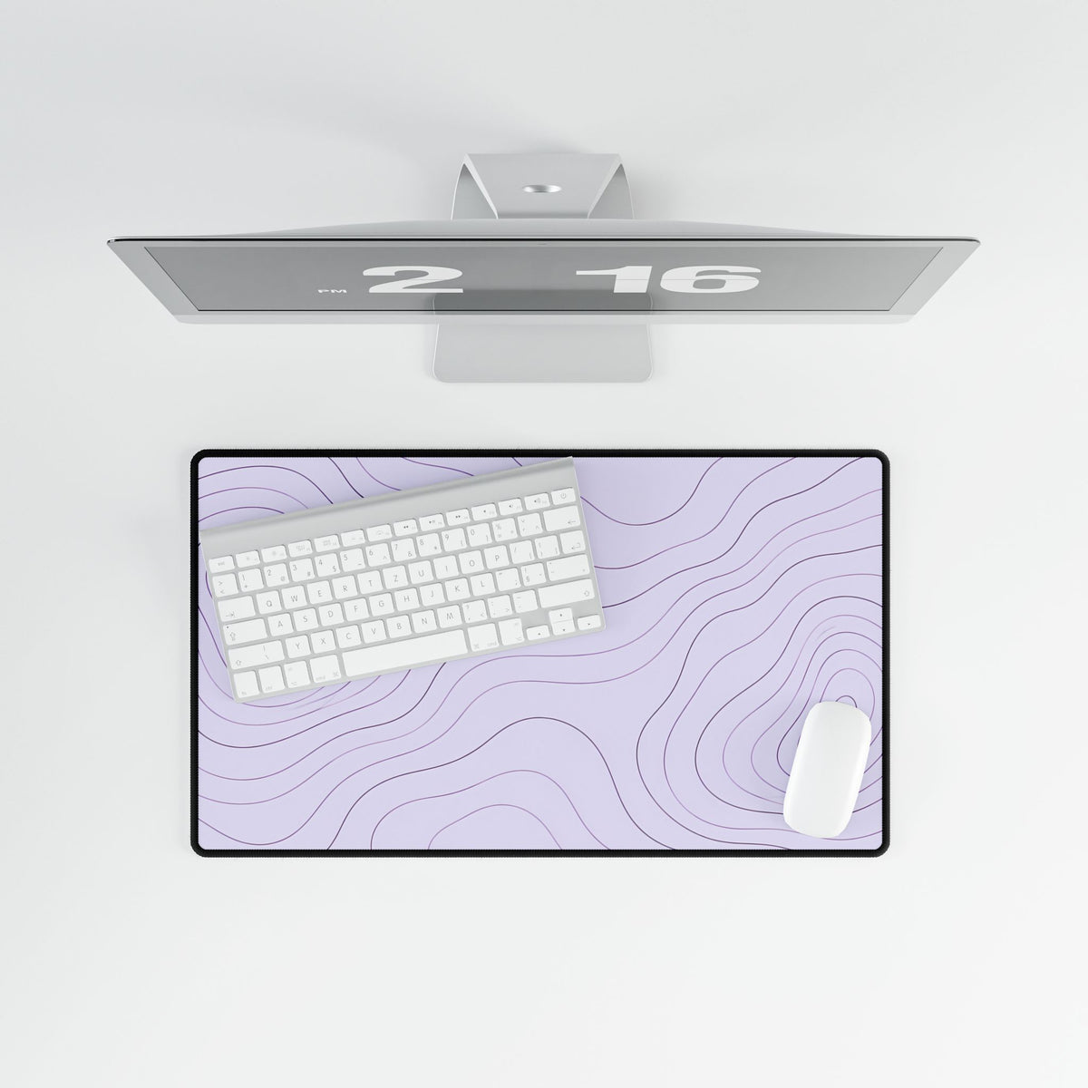 Lavender Topographic Desk Mat, 23.6 × 13.8 in, overhead computer desk mockup.