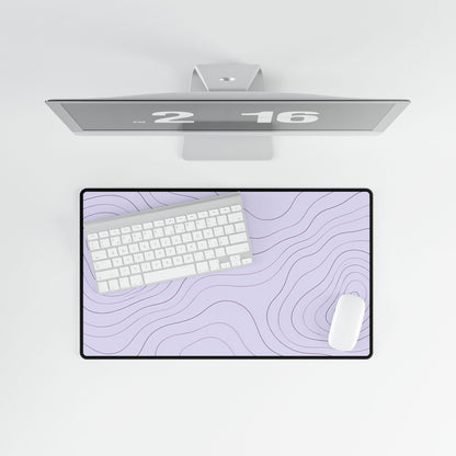 Lavender Topographic Desk Mat, 23.6 × 13.8 in, overhead computer desk mockup.