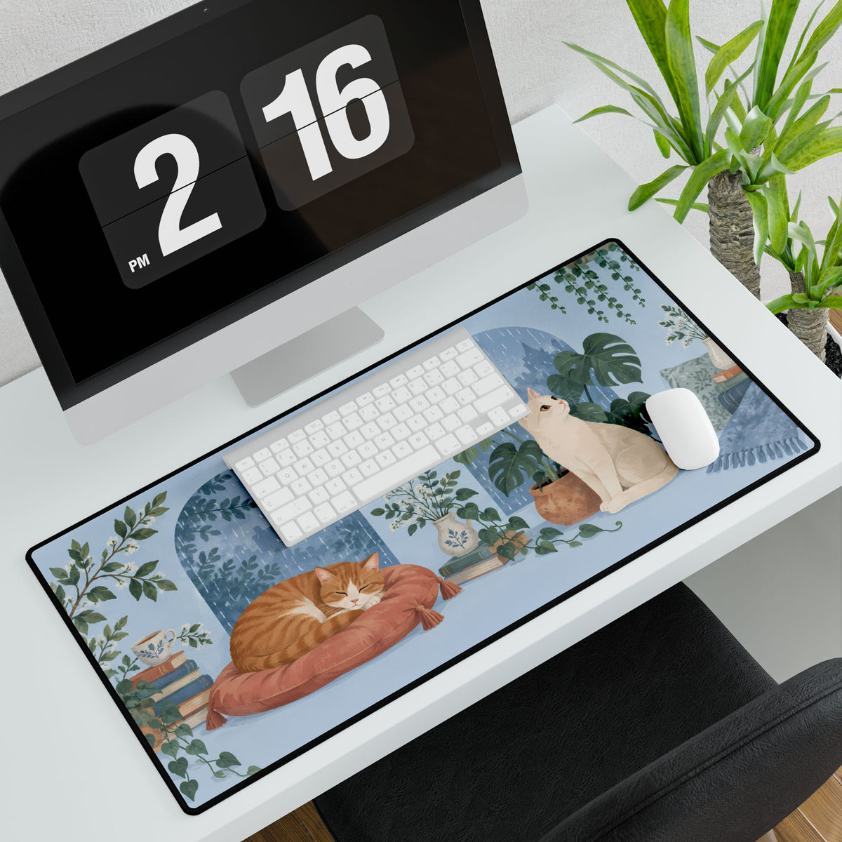 Rainy Window Cats Desk Mat, 31.5 × 15.5 in, angled computer desk mockup with plant.