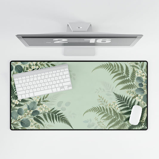 Fern & Eucalyptus Desk Mat, 31.5 × 15.5 in, overhead computer desk mockup.