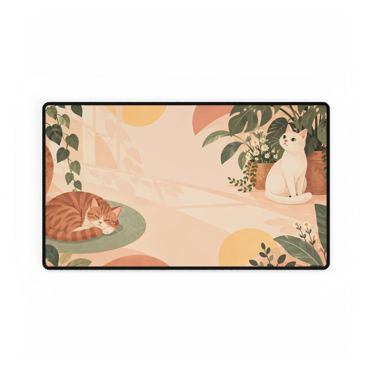 Peach Cat Garden Desk Mat, 23.6 × 13.8 in, flat front view.