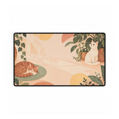 Peach Cat Garden Desk Mat, 23.6 × 13.8 in, flat front view.
