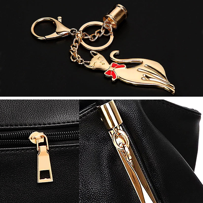 Vegan Leather Shoulder Handbag – Alicia Twin Handles — Black, gold-tone charm and zip details | BTendance